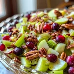 ['A vibrant apple salad featuring diced Honeycrisp apples, red grapes, celery, pecans, and dried cranberries in a bowl.', 'Close-up view of a colorful apple salad with apple chunks, grapes, and nuts on a light wooden surface.', 'Fresh fruit salad made with Honeycrisp apples, celery, and cranberries, garnished with pecans in a white bowl.', 'A delicious mix of crunchy apples, grapes, and pecans in a salad, displayed attractively on a table.']