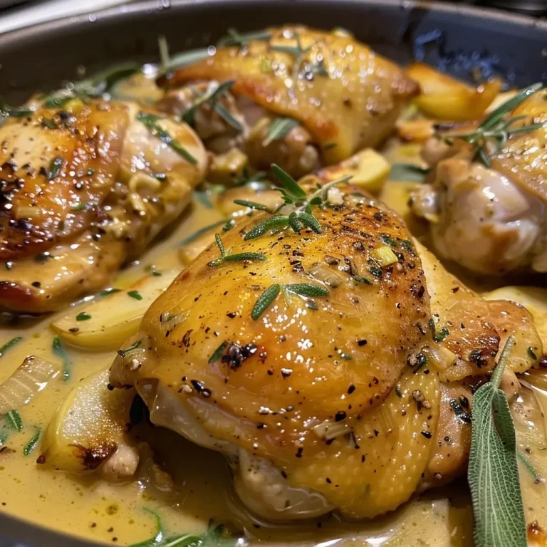 ['Juicy chicken thighs with sliced apples and a creamy Dijon sauce.', 'Close-up of apple cider chicken thighs garnished with fresh herbs.', 'Golden brown chicken thighs served with apple slices and sauce.', 'Succulent chicken thighs and apples in a rich Dijon sauce.']