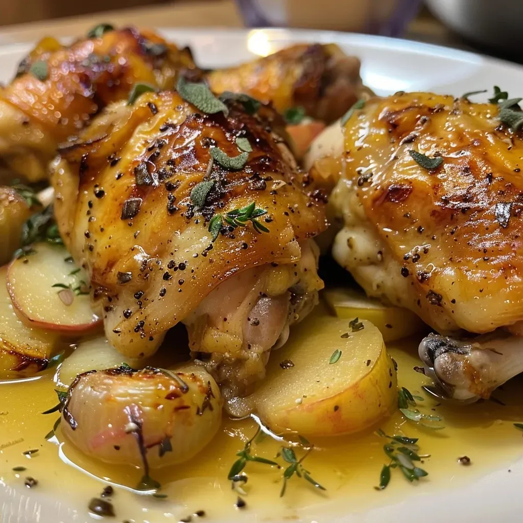 Juicy chicken thighs with sliced apples and a creamy Dijon sauce.