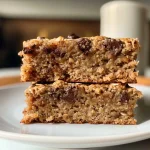 ['Close-up of delicious banana pumpkin bars with chocolate chips.', 'Side view of freshly baked banana pumpkin bars topped with chocolate.', 'A slice of banana pumpkin bars with visible chunks of chocolate.', 'Texture-rich pumpkin banana bars displayed on a rustic wooden surface.']