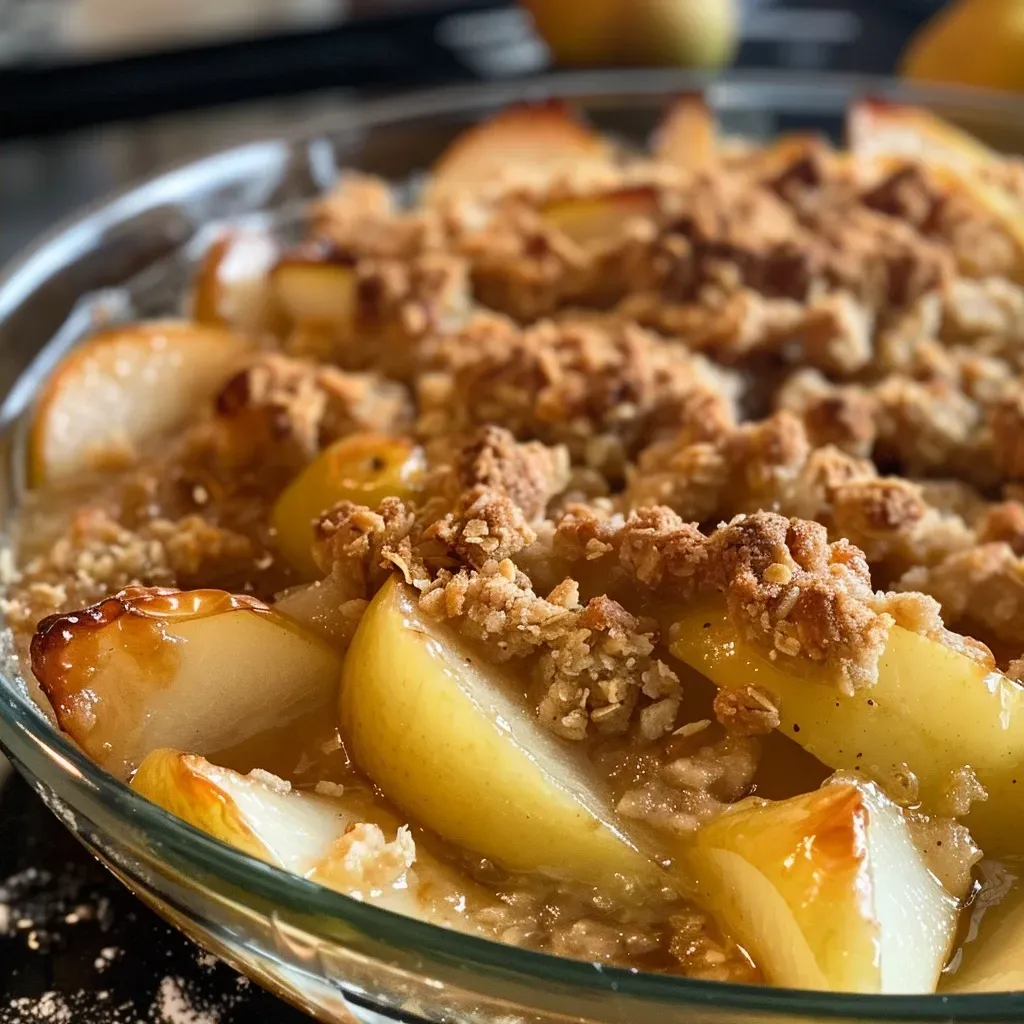 ['A close-up side view of a homemade pear crumble with a golden-brown topping.', 'Juicy pear crumble in a baking dish, showcasing a crunchy topping and sliced pears.', 'Side view of a delicious pear crumble with a crispy crust, highlighting the fruit filling.', 'Close-up of a freshly baked pear crumble with a rich, buttery top and visible slices of pear.']
