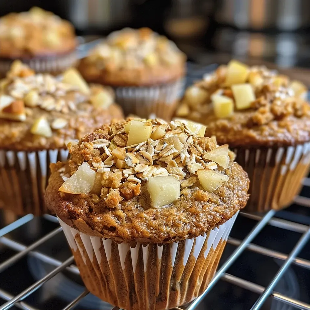 Close-up view of pear cardamom oatmeal muffins showcasing a golden-brown exterior.