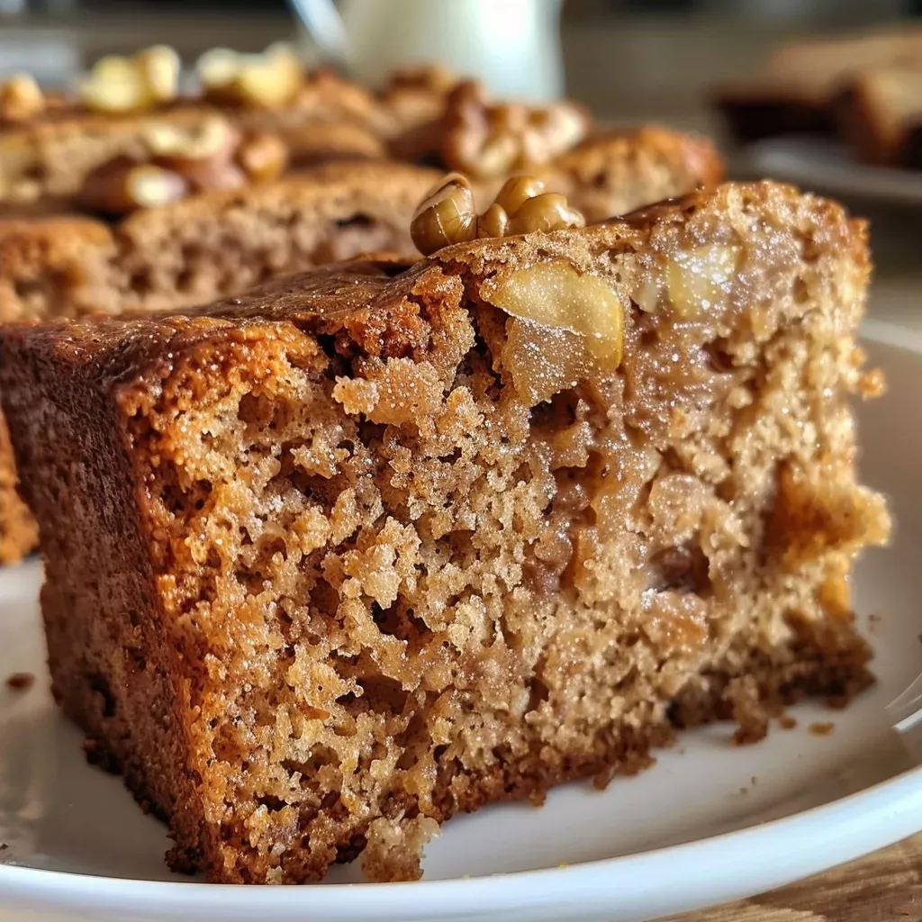 Close-up view of a slice of pear walnut bread showcasing a moist texture and chunks of pear and walnut.