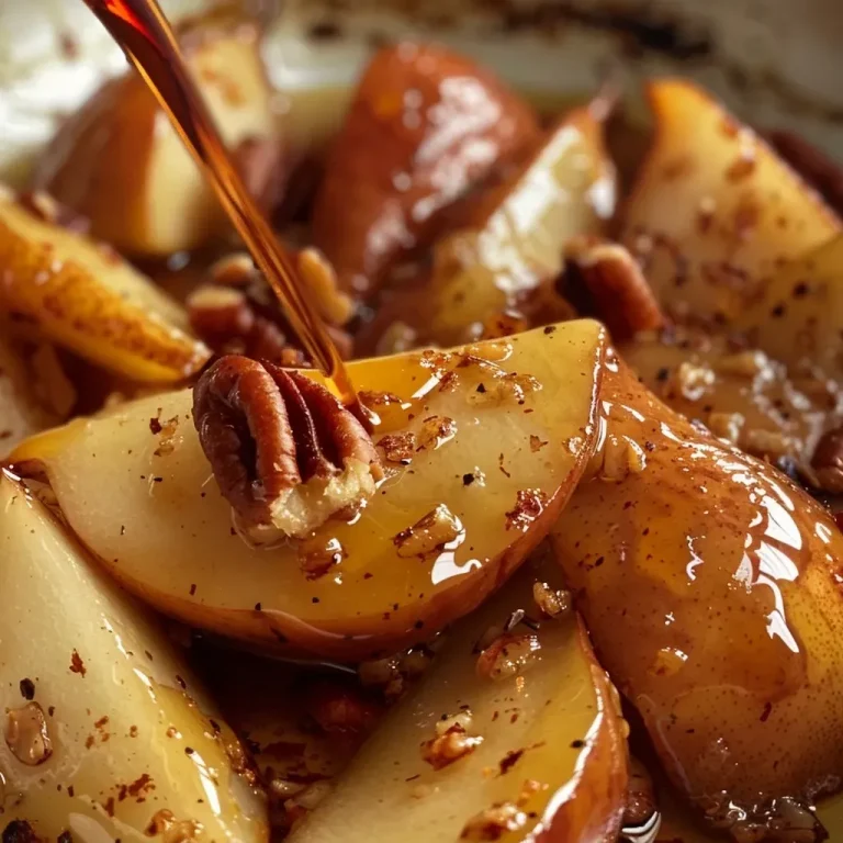 ['Close-up view of a bowl of maple and cardamom spiced pear compote, topped with pecans and served with Greek yogurt.', 'Juicy pears in a rich compote, garnished with pecans, showcasing a creamy texture and warm spices.', 'A delicious serving of pear compote featuring maple syrup and cardamom, with yogurt and granola on the side.', 'Side view of a vibrant bowl of pear compote, highlighting the golden syrup and scattered pecans.']