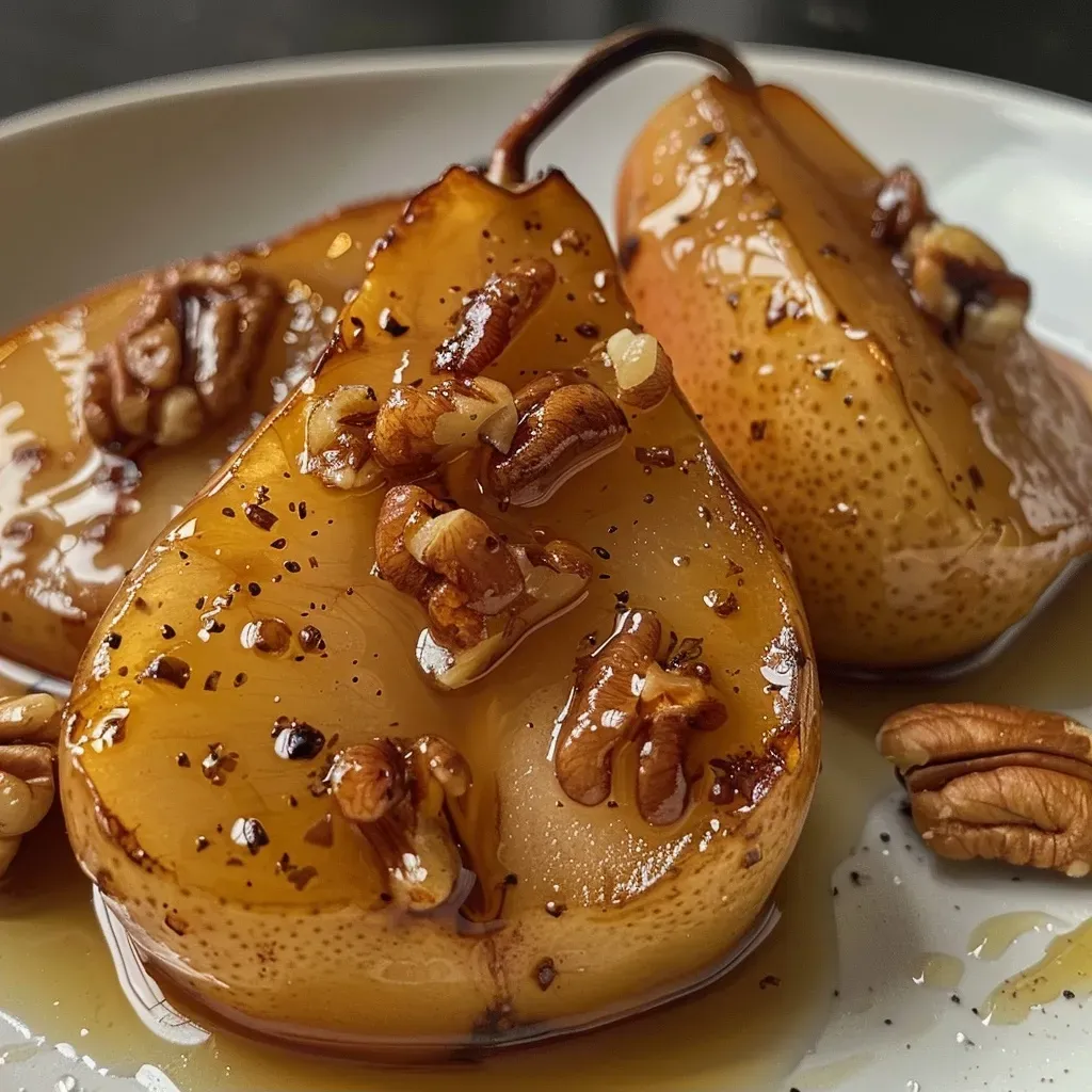 ['Close-up view of a bowl of maple and cardamom spiced pear compote, topped with pecans and served with Greek yogurt.', 'Juicy pears in a rich compote, garnished with pecans, showcasing a creamy texture and warm spices.', 'A delicious serving of pear compote featuring maple syrup and cardamom, with yogurt and granola on the side.', 'Side view of a vibrant bowl of pear compote, highlighting the golden syrup and scattered pecans.']