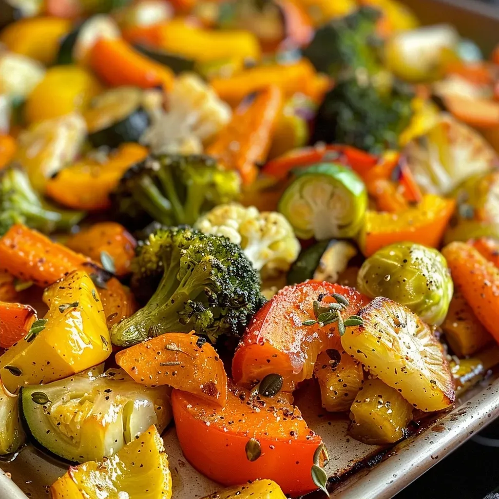['Close-up view of colorful roasted vegetables on a sheet pan.', 'Side view of oven-roasted carrots, bell peppers, broccoli, and zucchini.', 'Freshly roasted vegetables, showcasing vibrant colors and textures.', 'Assortment of cut vegetables arranged on a baking sheet before roasting.']