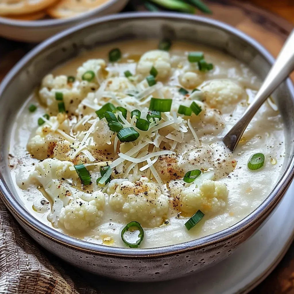 ['A close-up view of roasted garlic cheddar cauliflower soup in a bowl, garnished with green onions and cheddar cheese.', 'Creamy cauliflower soup with melted cheddar cheese, topped with sliced green onions and croutons.', 'Side view of a hearty cauliflower soup, showcasing the rich texture and garnishes on top.', 'Delicate soup featuring cauliflower and cheddar, served in a rustic bowl with a focus on its creamy appearance.']