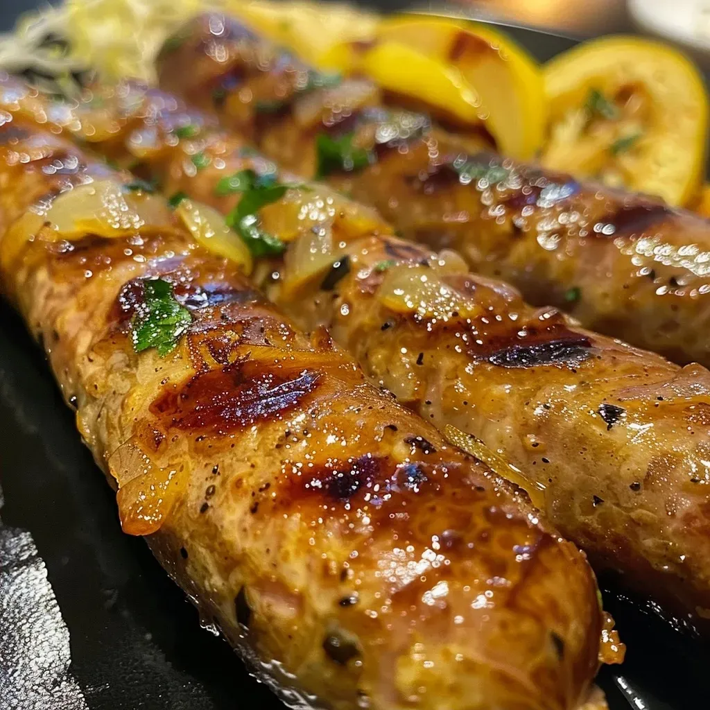 Close-up view of a brown butter apple sausage skillet with Brussels sprouts and sliced apples.
