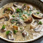 ['A creamy bowl of mushroom soup garnished with parsley and a drizzle of cream.', 'Side view of rich Champignoncremesuppe with sliced mushrooms and fresh thyme on top.', 'Close-up of a delicious bowl of mushroom soup with a smooth texture and visible ingredients.', 'A hearty serving of baby bella mushroom soup with chopped onions and garlic, artfully presented.']
