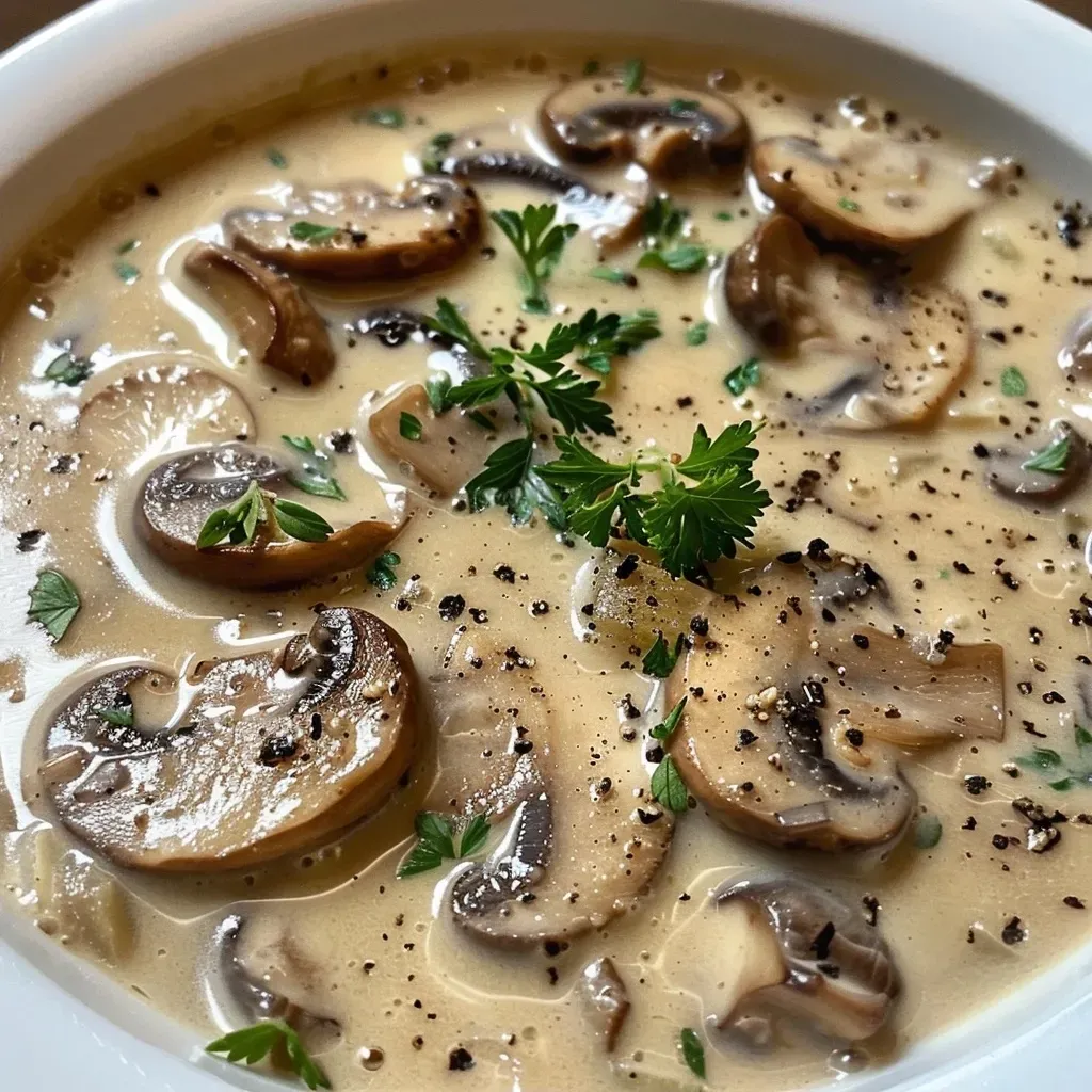 ['A creamy bowl of mushroom soup garnished with parsley and a drizzle of cream.', 'Side view of rich Champignoncremesuppe with sliced mushrooms and fresh thyme on top.', 'Close-up of a delicious bowl of mushroom soup with a smooth texture and visible ingredients.', 'A hearty serving of baby bella mushroom soup with chopped onions and garlic, artfully presented.']