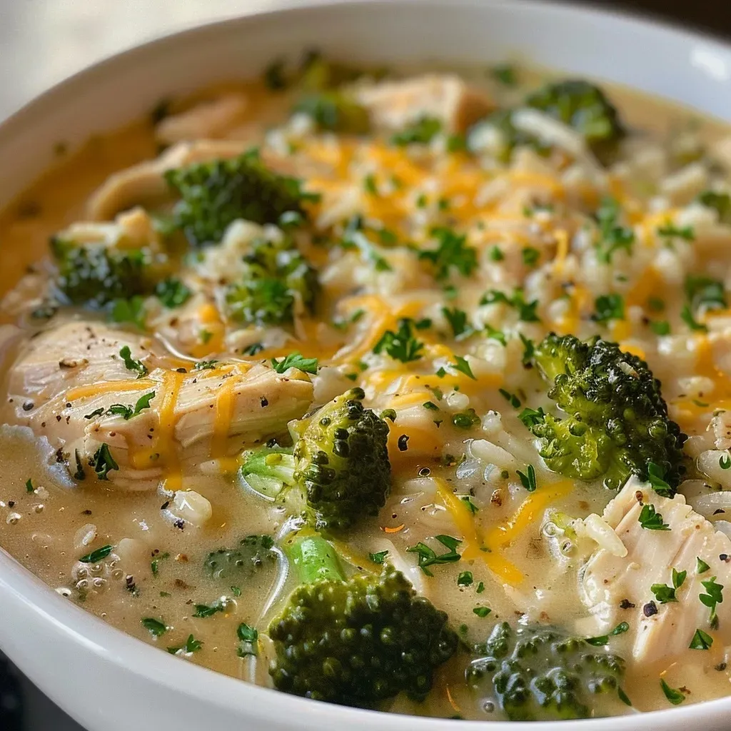['Close-up view of a creamy chicken broccoli rice casserole topped with melted cheese.', 'Side angle of a baked chicken and broccoli rice dish, showing tender chicken pieces and vibrant green florets.', 'Juicy chicken broccoli rice casserole with golden cheese crust, served in a white baking dish.', 'Delicious baked casserole featuring chicken, broccoli, and rice, garnished with fresh herbs.']