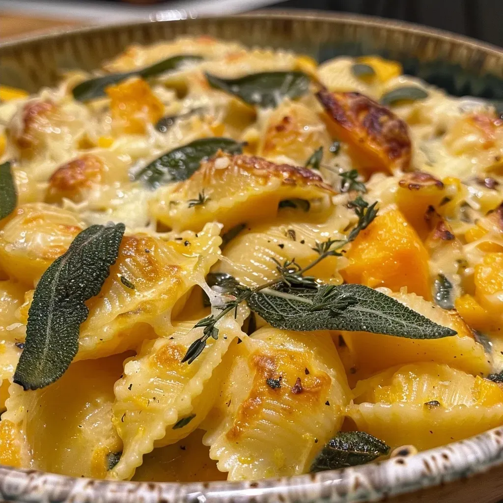 ['Close-up side view of creamy butternut squash mac and cheese in a bowl.', 'Dish of creamy macaroni with butternut squash, garnished with sage leaves.', 'Creamy butternut squash mac and cheese, with pasta shells and a golden hue.', 'Side view of a serving of butternut squash mac and cheese topped with herbs.']