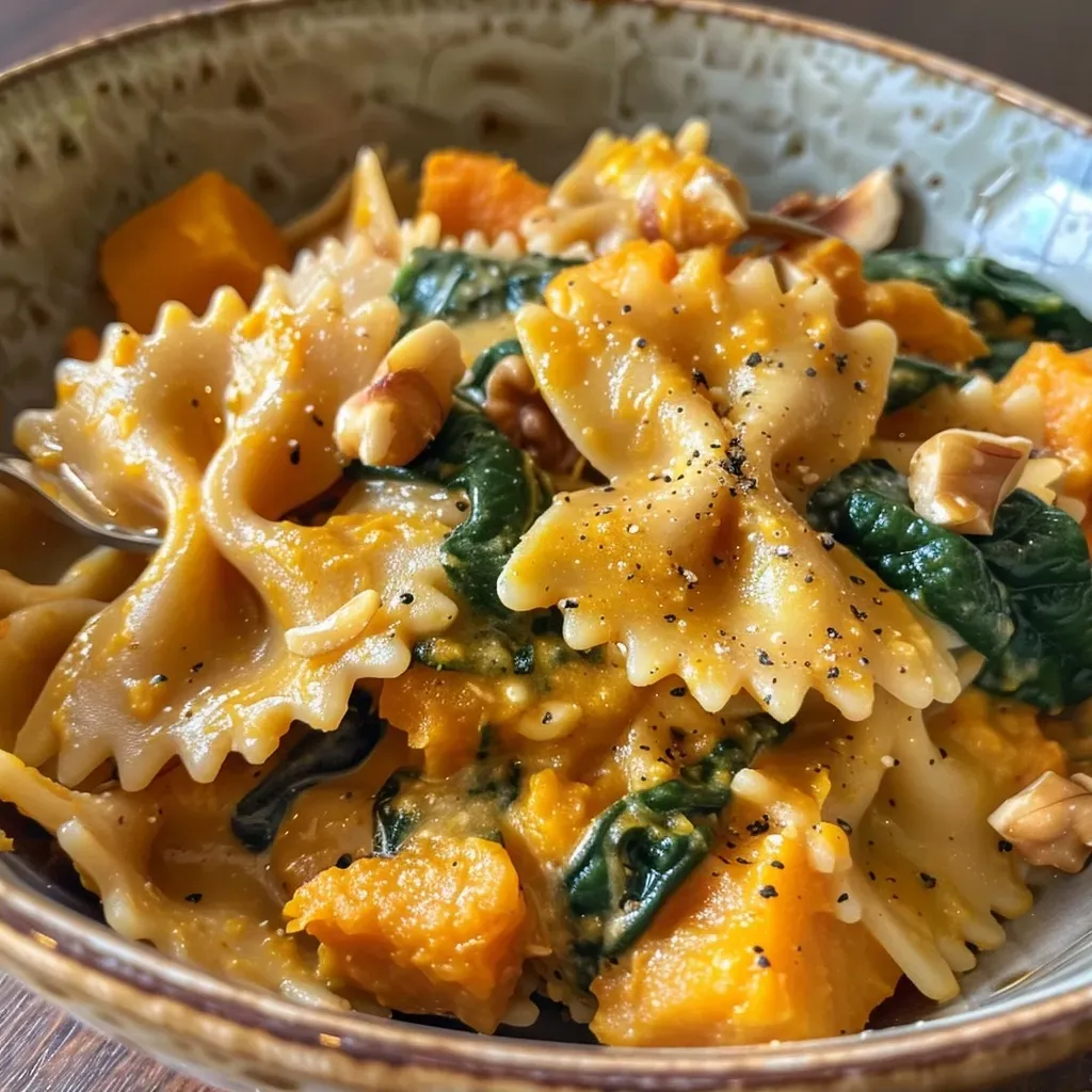 ['Close-up view of creamy pumpkin pasta with penne, garnished with cheese and spinach.', 'A deliciously creamy pumpkin pasta dish served in a bowl, highlighting its vibrant orange color.', 'Side view of creamy pumpkin pasta featuring a rich sauce and sprinkled Parmesan cheese.', 'Juicy creamy pumpkin pasta with herbs and garlic, showcasing its savory texture.']