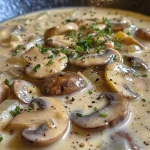 ['A close-up view of creamy mushroom soup in a bowl, garnished with fresh herbs.', 'Side angle of a bowl of rich mushroom soup, showcasing its creamy texture and garnishments.', 'Creamy mushroom soup captured in detail, with visible slices of mushrooms and herbs on top.', 'A luxurious bowl of mushroom soup, highlighting its creamy consistency and aromatic toppings.']