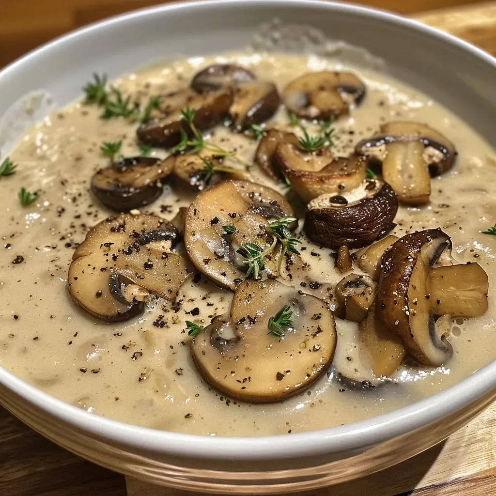 ['A close-up view of creamy mushroom soup in a bowl, garnished with fresh herbs.', 'Side angle of a bowl of rich mushroom soup, showcasing its creamy texture and garnishments.', 'Creamy mushroom soup captured in detail, with visible slices of mushrooms and herbs on top.', 'A luxurious bowl of mushroom soup, highlighting its creamy consistency and aromatic toppings.']