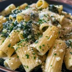 ['Close-up view of creamy spinach pasta with vibrant green spinach and grated cheese.', 'Side view of a bowl of creamy pasta featuring ziti and fresh spinach with a rich sauce.', 'Detailed shot of a delicious creamy spinach pasta dish garnished with parmesan cheese.', 'Close-up of ziti rigati coated in a luscious spinach cream sauce, with garlic bits visible.']