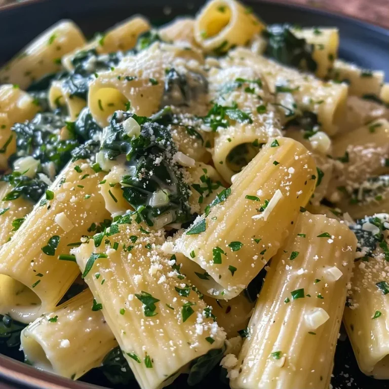 ['Close-up view of creamy spinach pasta with vibrant green spinach and grated cheese.', 'Side view of a bowl of creamy pasta featuring ziti and fresh spinach with a rich sauce.', 'Detailed shot of a delicious creamy spinach pasta dish garnished with parmesan cheese.', 'Close-up of ziti rigati coated in a luscious spinach cream sauce, with garlic bits visible.']