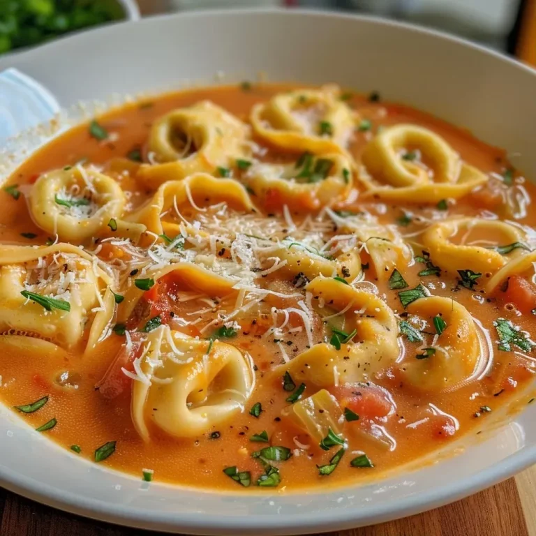 ['Close-up view of creamy tomato tortellini soup with pasta and cheese.', 'A bowl of tomato tortellini soup featuring cheesy pasta and shaved Parmesan.', 'Side view of a rich tomato soup with tortellini and garnish of Parmesan cheese.', 'Delicious creamy soup with tortellini, showcasing vibrant tomato color and cheese.']