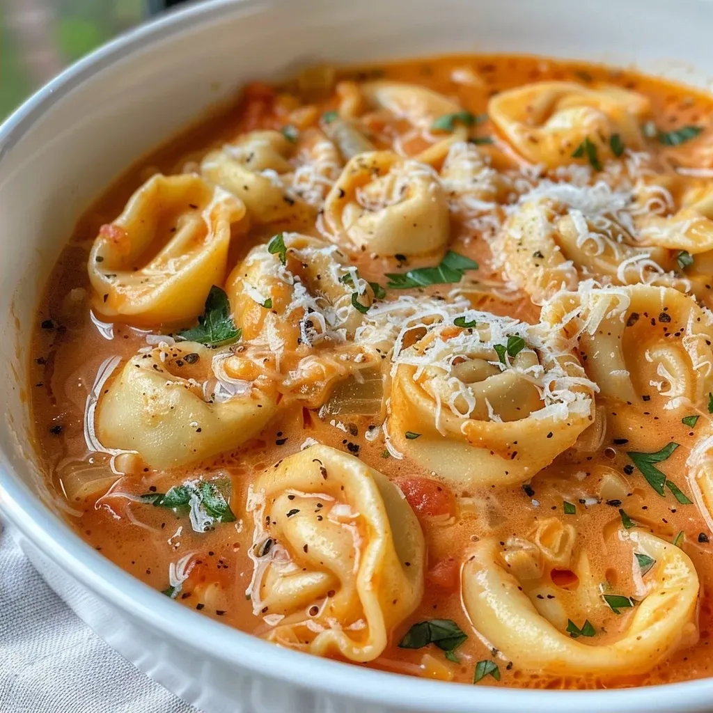 Close-up view of creamy tomato tortellini soup with pasta and cheese.