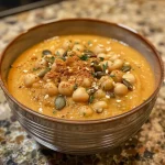 ['Close-up view of creamy white bean pumpkin soup in a bowl.', 'Side view of a bowl filled with creamy white bean pumpkin soup topped with pumpkin seeds.', 'Detail shot showcasing a rich creamy pumpkin soup with visible white beans and spices.', 'A bowl of creamy white bean pumpkin soup garnished with a swirl of vegan sour cream.']