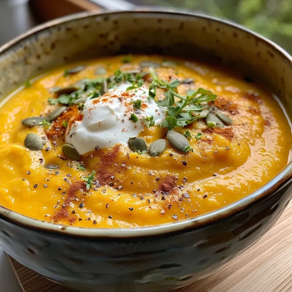 ['Close-up view of creamy white bean pumpkin soup in a bowl.', 'Side view of a bowl filled with creamy white bean pumpkin soup topped with pumpkin seeds.', 'Detail shot showcasing a rich creamy pumpkin soup with visible white beans and spices.', 'A bowl of creamy white bean pumpkin soup garnished with a swirl of vegan sour cream.']
