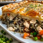 ['Close-up of creamy chicken pot pie with wild rice, showcasing a golden crust and rich filling.', 'Side view of a hearty chicken pot pie filled with wild rice, carrots, and peas.', 'Detailed image of a delicious creamy chicken pot pie with a flaky crust and savory ingredients.', 'Artistic shot of a wild rice chicken pot pie, highlighting its creamy texture and vibrant vegetables.']