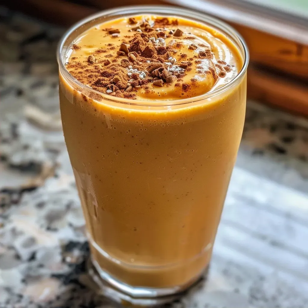 ['Creamy pumpkin smoothie in a glass, with a smooth texture and vibrant orange color.', 'Close-up view of a thick pumpkin smoothie topped with a sprinkle of pumpkin pie spice.', 'A refreshing pumpkin smoothie served in a clear glass, highlighting its creamy consistency.', 'Side view of a delicious pumpkin smoothie, featuring ingredients like banana and Greek yogurt.']