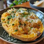 ['Close-up view of creamy pumpkin casserole with visible squash and chicken pieces.', 'Side view of a baked pumpkin casserole, showing a golden top and vibrant green spinach.', 'Detailed image of a delicious pumpkin casserole with diced pumpkin and melted cheese on top.', 'Appetizing shot of creamy pumpkin casserole featuring cubed chicken and a sprinkle of herbs.']