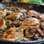 ['Close-up shot of creamy mushroom chicken on a plate, with herbs and spices visible.', 'Side view of a juicy chicken breast with creamy mushroom sauce, garnished with parsley.', 'Detail of a delicious chicken dish featuring mushrooms and a light cream sauce.', 'Photo of succulent chicken served with a rich, creamy mushroom topping.']