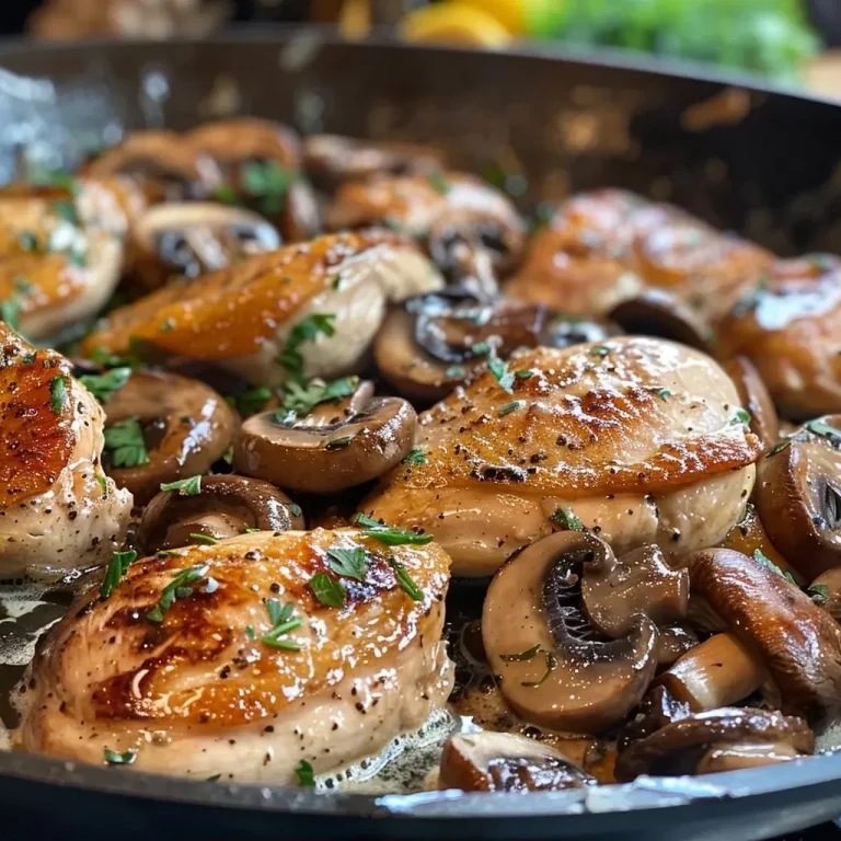 ['Close-up shot of creamy mushroom chicken on a plate, with herbs and spices visible.', 'Side view of a juicy chicken breast with creamy mushroom sauce, garnished with parsley.', 'Detail of a delicious chicken dish featuring mushrooms and a light cream sauce.', 'Photo of succulent chicken served with a rich, creamy mushroom topping.']