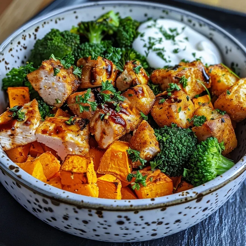 ['Close-up of a crispy chicken and roasted sweet potato bowl, showing tender chicken and vibrant vegetables.', 'Side view of a delicious bowl featuring crispy chicken, sweet potato cubes, and broccoli florets.', 'An appetizing bowl with juicy crispy chicken, cubed sweet potatoes, and a drizzle of balsamic glaze.', 'A colorful meal showcasing roasted sweet potatoes, chicken breast, and broccoli topped with Greek yogurt.']