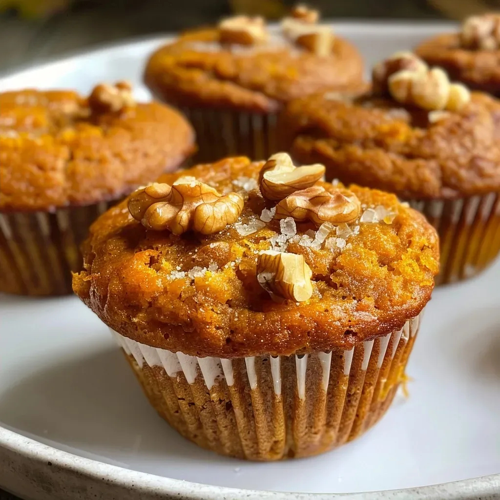 ['Close-up view of a golden brown pumpkin muffin with a soft texture.', 'Side view of a freshly baked pumpkin muffin topped with walnuts.', 'Juicy pumpkin muffin showcasing its moist interior and crunchy walnut topping.', 'Close-up of a warm pumpkin muffin revealing its fluffy crumb and spices.']