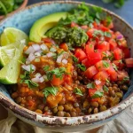 ['Close-up of a hearty lentil burrito bowl with vibrant toppings.', 'Side view of a colorful lentil burrito bowl filled with fresh ingredients.', 'Detailed close-up of a delicious burrito bowl featuring lentils and toppings.', 'Juicy lentil burrito bowl showcasing layers of ingredients and textures.']