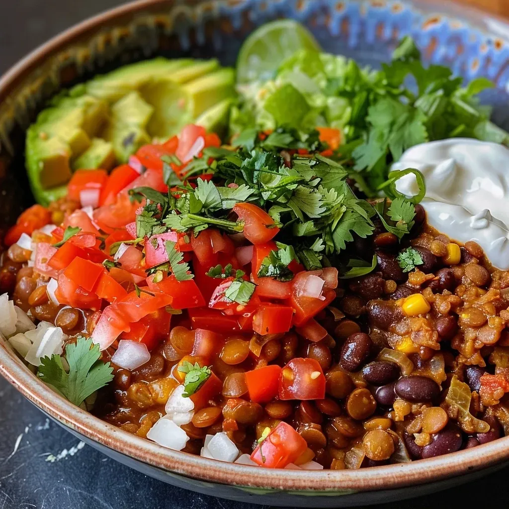 ['Close-up of a hearty lentil burrito bowl with vibrant toppings.', 'Side view of a colorful lentil burrito bowl filled with fresh ingredients.', 'Detailed close-up of a delicious burrito bowl featuring lentils and toppings.', 'Juicy lentil burrito bowl showcasing layers of ingredients and textures.']