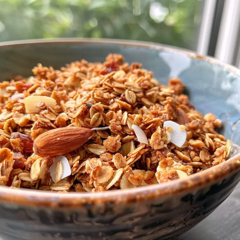 ['Close-up of Easy Maple Cinnamon Granola in a bowl, showcasing oats and spices.', 'Side view of granola mix featuring rolled oats, coconut, and a cinnamon dusting.', 'Detailed image of homemade granola with visible ingredients like oats and nuts.', 'Textured granola mix with an emphasis on golden oats and a sprinkle of cinnamon.']