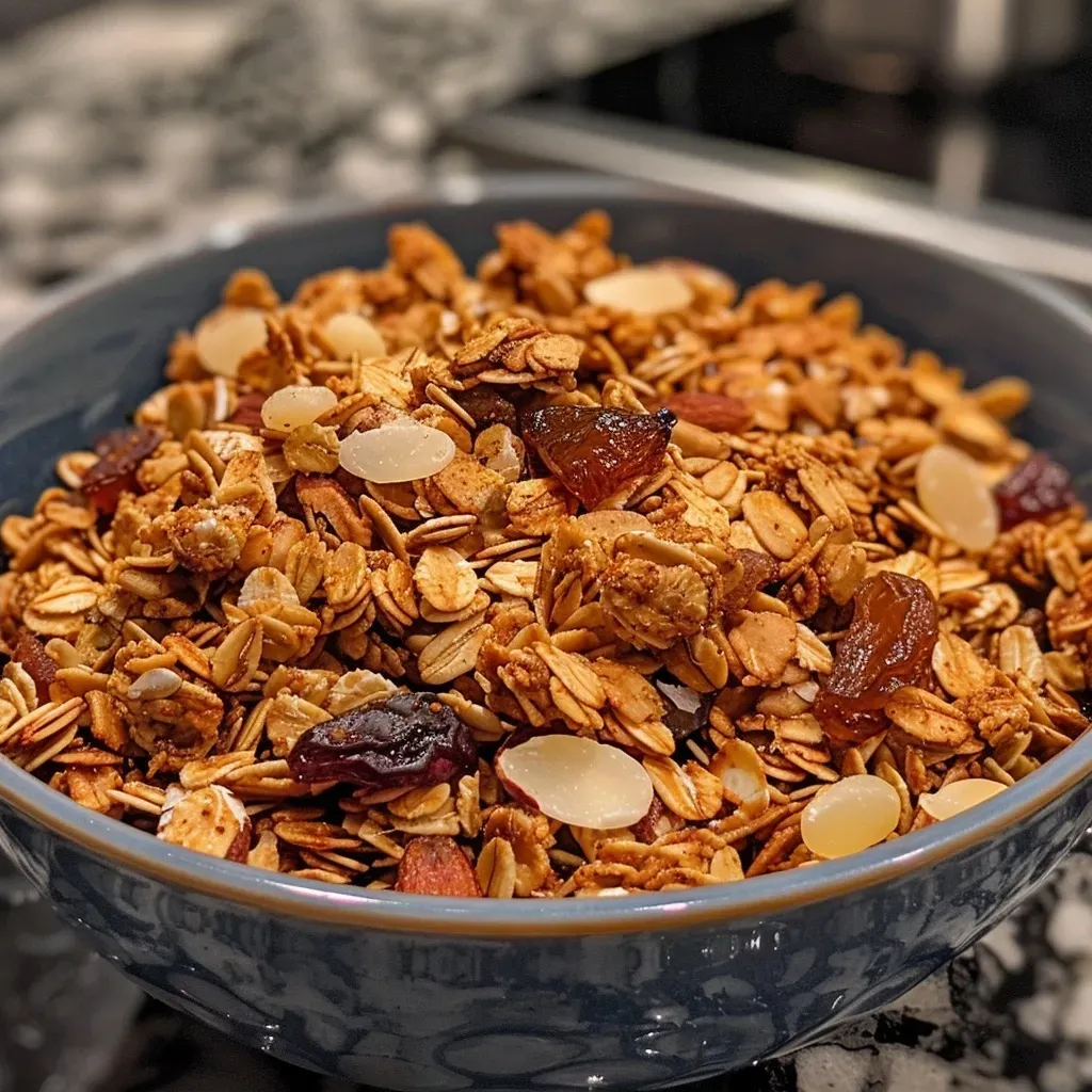 ['Close-up of Easy Maple Cinnamon Granola in a bowl, showcasing oats and spices.', 'Side view of granola mix featuring rolled oats, coconut, and a cinnamon dusting.', 'Detailed image of homemade granola with visible ingredients like oats and nuts.', 'Textured granola mix with an emphasis on golden oats and a sprinkle of cinnamon.']