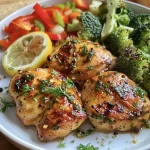 ['Juicy, golden-brown chicken breasts on a sheet pan with colorful mixed vegetables.', 'Close-up view of baked chicken breast and fresh veggies, showcasing savory spices.', 'A vibrant assortment of roasted chicken and seasonal vegetables on a baking tray.', 'Savory chicken breast accompanied by broccoli, bell peppers, and cherry tomatoes.']