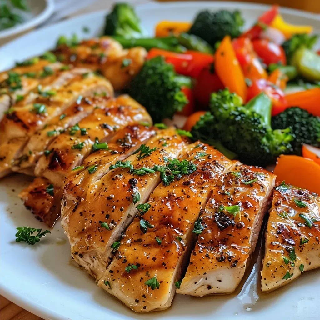 ['Juicy, golden-brown chicken breasts on a sheet pan with colorful mixed vegetables.', 'Close-up view of baked chicken breast and fresh veggies, showcasing savory spices.', 'A vibrant assortment of roasted chicken and seasonal vegetables on a baking tray.', 'Savory chicken breast accompanied by broccoli, bell peppers, and cherry tomatoes.']