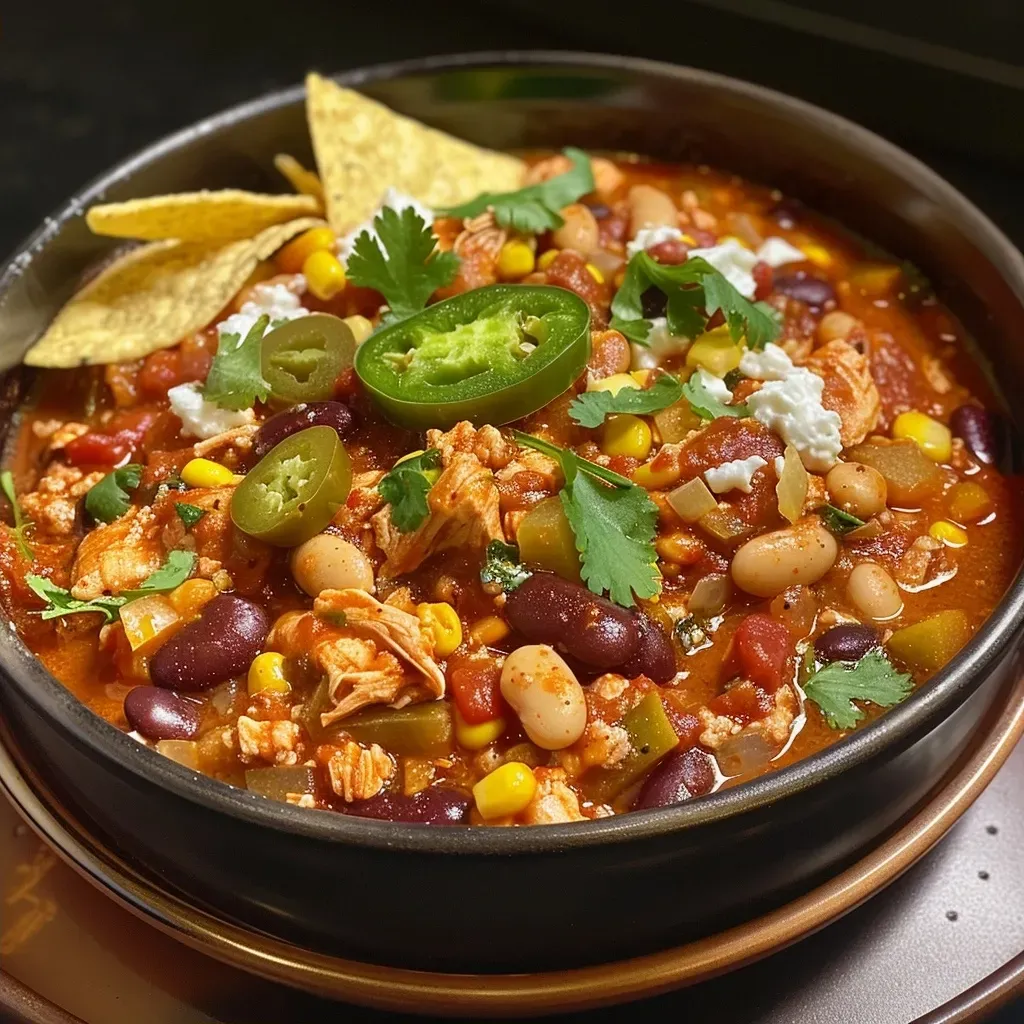Close-up view of a bowl of white chicken chili topped with cheese and cilantro.