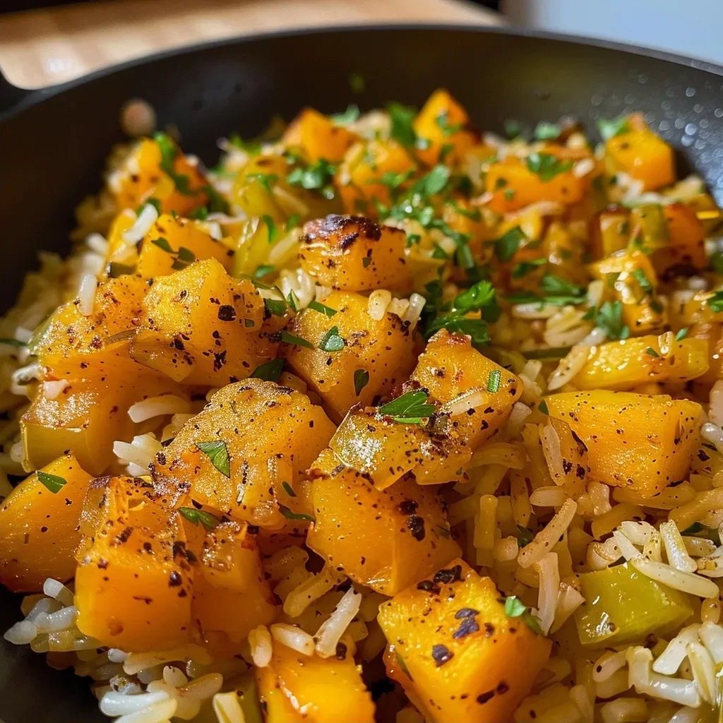 ['A close-up view of easy pumpkin rice dish with vibrant colors and garnished ingredients.', 'Juicy pumpkin rice served in a bowl, showcasing diced vegetables and creamy coconut texture.', 'A side view of a plate of delicious pumpkin rice with visible herbs and spices.', 'Close-up of pumpkin rice highlighting the chunky pumpkin pieces and creamy sauce.']