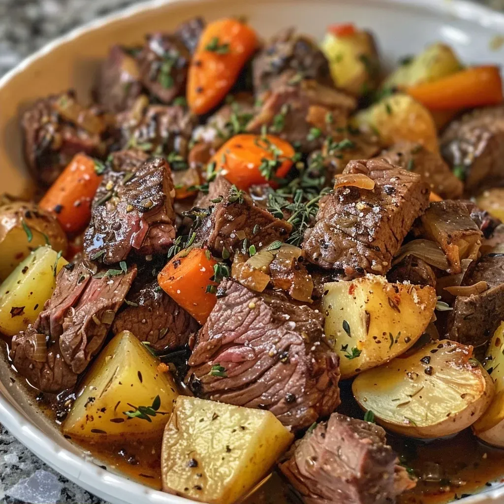 ['Close-up view of a hearty beef stew with chunks of meat and vegetables.', 'A side shot of steaming beef stew in a bowl, showcasing rich textures.', 'Juicy beef stew filled with carrots, potatoes, and herbs, captured in detail.', 'Delicious homemade beef stew, highlighting tender beef and vibrant vegetables.']