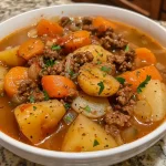 ['Close-up view of a hearty poor man’s stew in a bowl, featuring ground beef, carrots, and potatoes.', 'Side view of a steaming pot filled with Eintopf, showcasing colorful ingredients like diced tomatoes and carrots.', 'Delicious slow cooker stew with chunks of beef and vegetables, presented in a rustic bowl.', 'Close-up photo highlighting the ingredients of a budget-friendly stew with a rich broth and vibrant vegetables.']