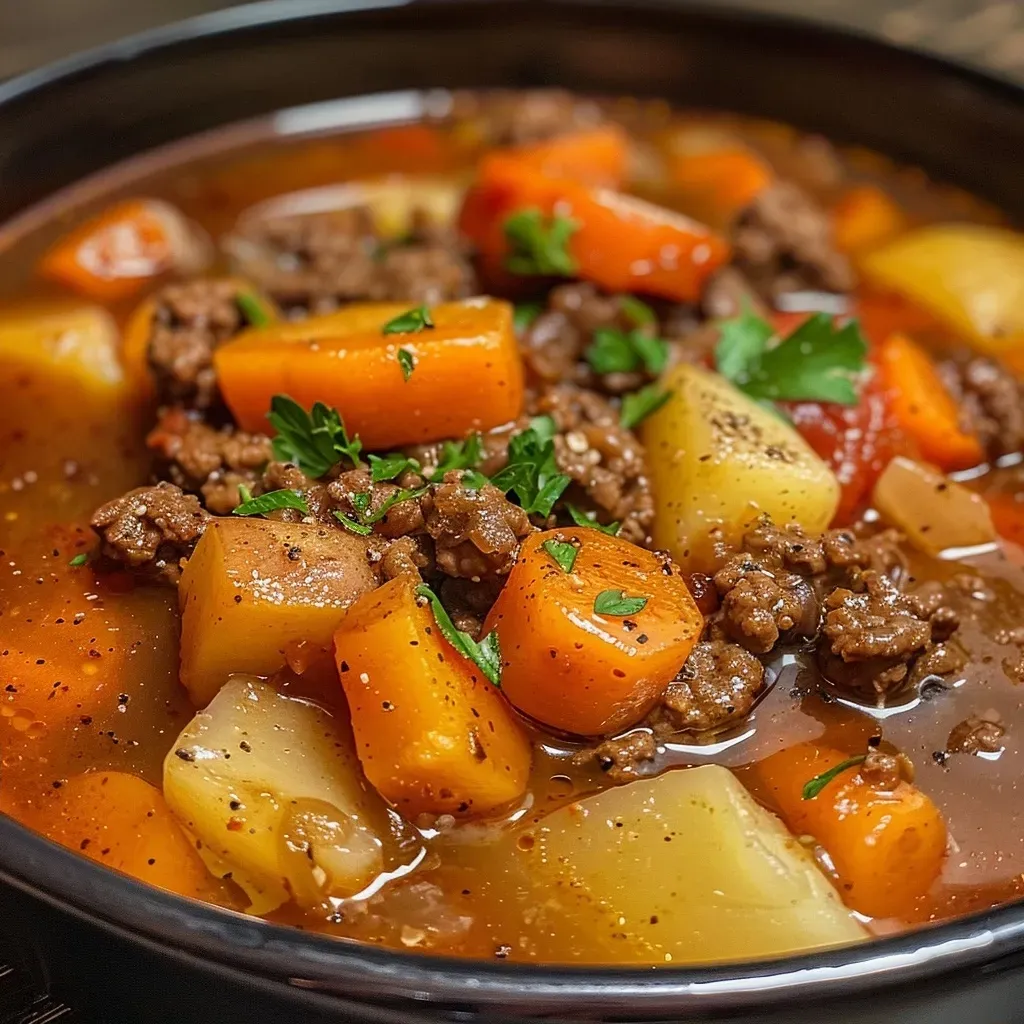 ['Close-up view of a hearty poor man’s stew in a bowl, featuring ground beef, carrots, and potatoes.', 'Side view of a steaming pot filled with Eintopf, showcasing colorful ingredients like diced tomatoes and carrots.', 'Delicious slow cooker stew with chunks of beef and vegetables, presented in a rustic bowl.', 'Close-up photo highlighting the ingredients of a budget-friendly stew with a rich broth and vibrant vegetables.']