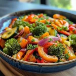 ['Close-up view of a colorful roasted vegetable dish featuring broccoli, zucchini, bell peppers, red onion, and carrots.', 'Side angle of a vibrant baked vegetable medley, showcasing a variety of fresh produce and spices.', 'Detailed shot of a healthy roasted vegetable bake, highlighting the textures and colors of the ingredients.', 'Close-up image of an anti-inflammatory roasted veggie bake, emphasizing the mix of vegetables and seasonings.']