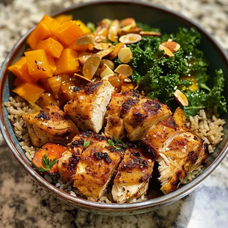 ['Close-up side view of a colorful harvest bowl with chicken, butternut squash, kale, and cranberries.', 'A vibrant harvest bowl featuring sliced chicken, roasted butternut squash, and topped with almonds and Parmesan.', 'Side view photo of a delicious harvest bowl filled with grains, vegetables, and chicken.', 'Juicy harvest bowl showcasing layers of chicken, brown rice, butternut squash, and salad greens.']