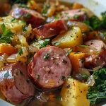 ['Close-up view of Harvest Stew featuring slices of smoked sausage and colorful vegetables.', 'Side perspective of a bowl of Harvest Stew with smoked sausage, carrots, and potatoes.', 'Delicious Harvest Stew shown with vibrant ingredients like kale and butternut squash.', 'Mouthwatering image of Harvest Stew showcasing sausage, carrots, and green herbs.']