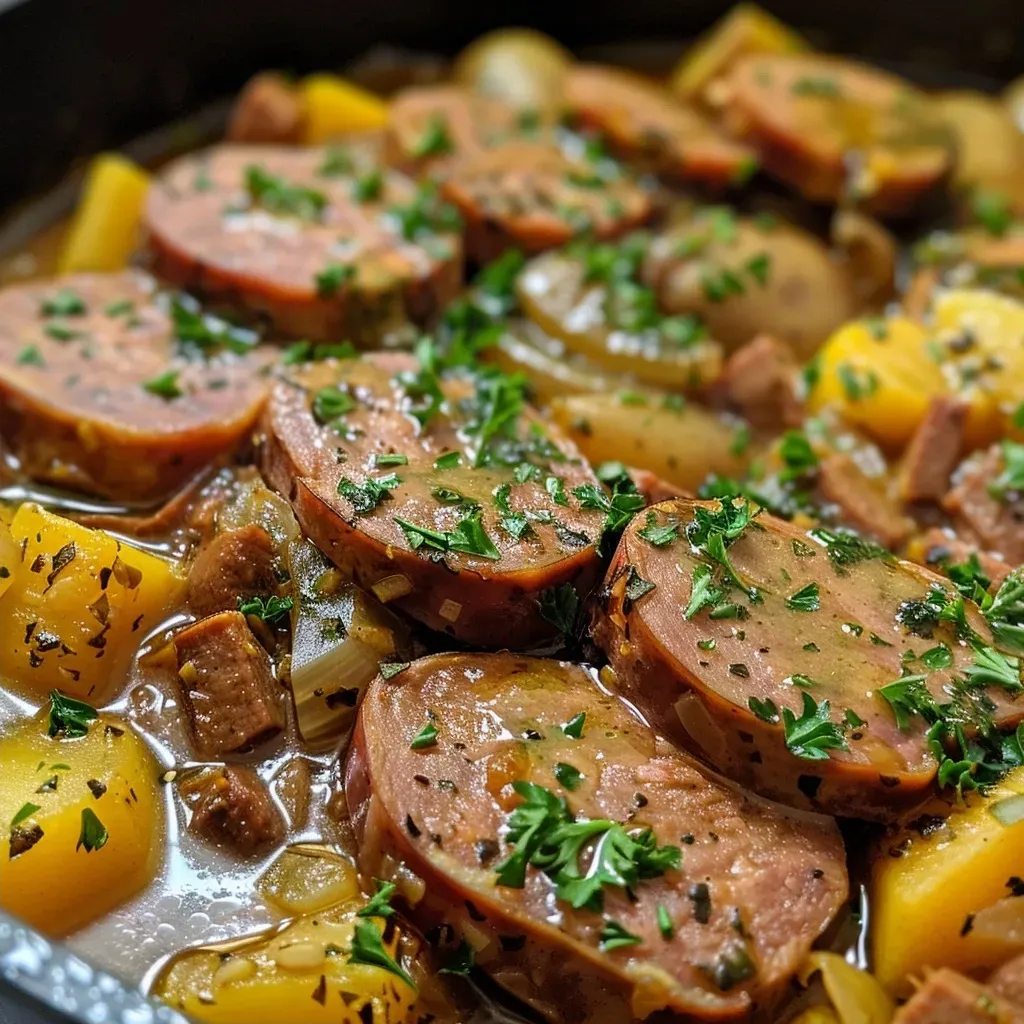 Close-up view of Harvest Stew featuring slices of smoked sausage and colorful vegetables.