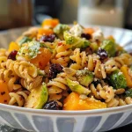 ['Close-up view of a colorful harvest pasta salad featuring butternut squash and Brussels sprouts.', 'Side perspective of a hearty pasta salad with vibrant vegetables, feta cheese, and dried cranberries.', 'Detailed shot of a delicious pasta salad showcasing rotini pasta mixed with seasonal ingredients.', 'Close inspection of a fall-inspired pasta salad, highlighting the textures of squash, sprouts, and cranberries.']