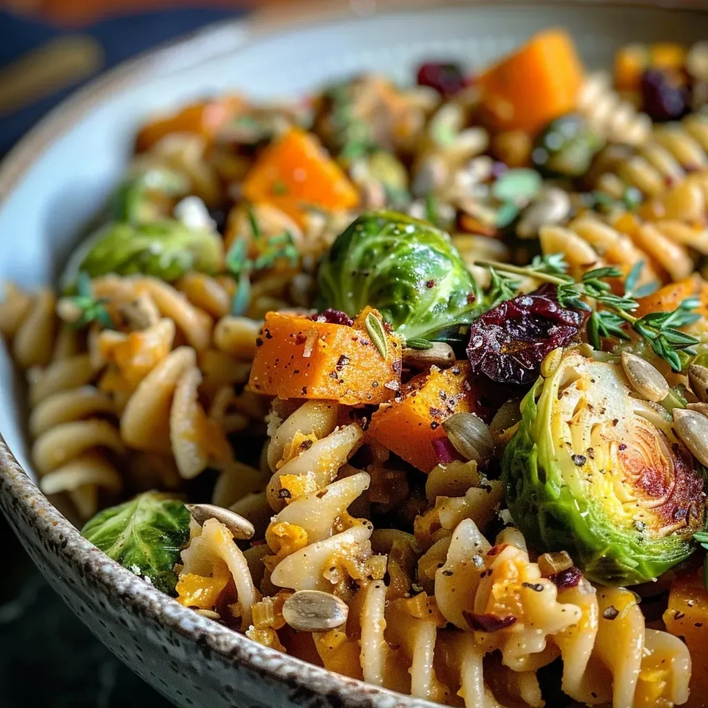 Close-up view of a colorful harvest pasta salad featuring butternut squash and Brussels sprouts.
