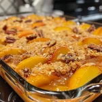 ['Close-up view of Fresh Peach Crisp topped with a golden almond flour crumble.', 'Side view of a delicious peach crisp dessert, showcasing its peach filling and crumbly top.', 'A detailed shot of Fresh Peach Crisp, highlighting juicy peaches and a crunchy almond topping.', 'Glorious close-up of a gluten-free peach crisp, emphasizing the almond flour and pecan crumble.']